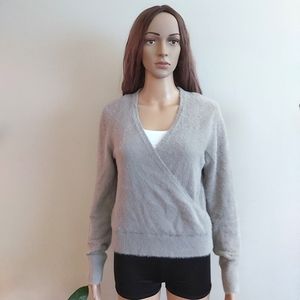 Banana Republic gray faux wrap eyelash sweater pullover splice neck fuzzy